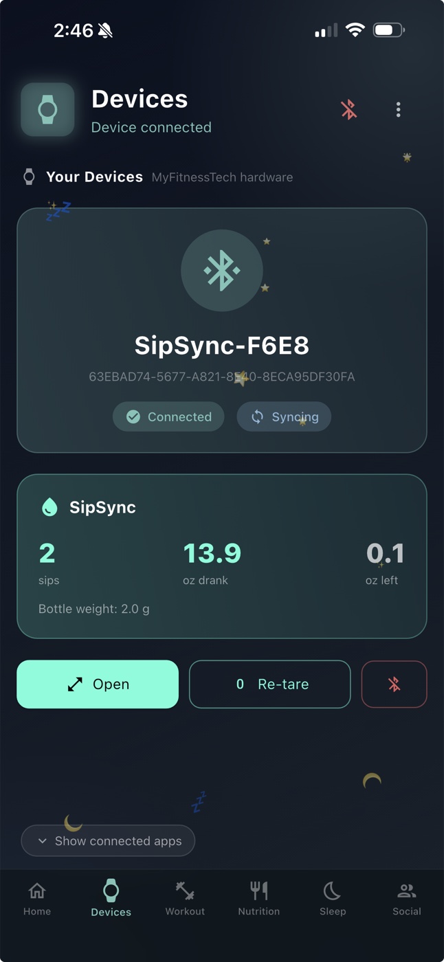 The Devices screen in the MyFitnessTech app showing SipSync-F6E8 connected over Bluetooth and reporting 2 sips, 13.9 ounces drank, 0.1 ounces left and a bottle weight of 2.0 grams.